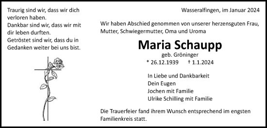 Traueranzeige von Maria Schaupp von Schwäbische Post