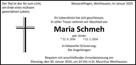 Traueranzeige von Maria Schmeh von Schwäbische Post