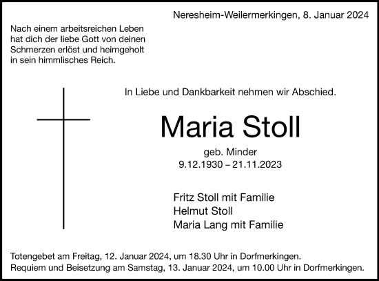 Traueranzeige von Maria Stoll von Schwäbische Post