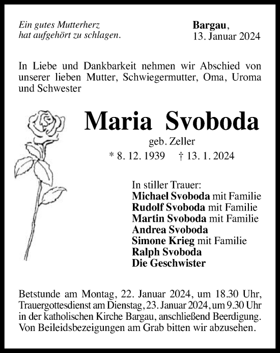 Traueranzeige von Maria Svoboda von Gmünder Tagespost