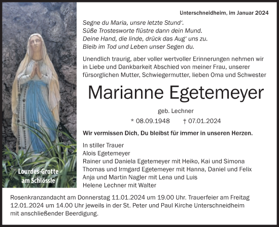 Traueranzeige von Marianne Egetemeyer von Schwäbische Post