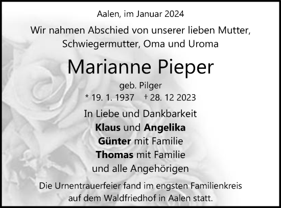 Traueranzeige von Marianne Pieper von Schwäbische Post