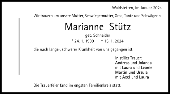 Traueranzeige von Marianne Stütz von Gmünder Tagespost