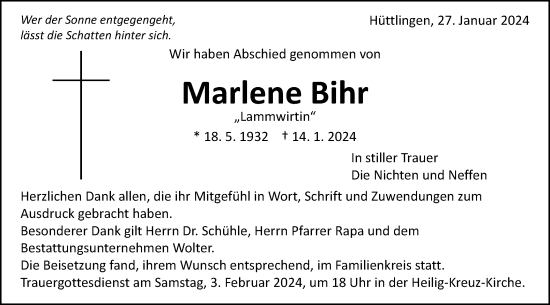 Traueranzeige von Marlene Bihr von Schwäbische Post