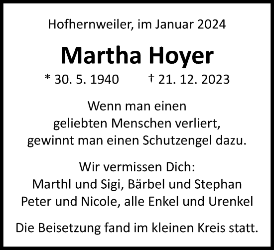 Traueranzeige von Martha Hoyer von Schwäbische Post
