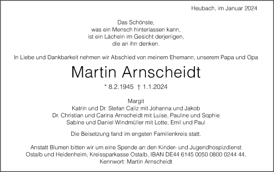 Traueranzeige von Martin Arnscheidt von Schwäbische Post