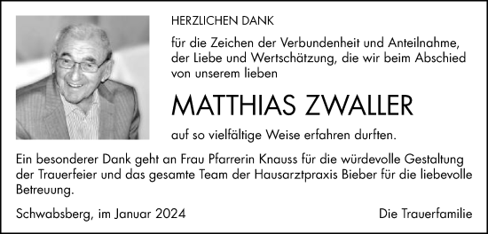 Traueranzeige von Matthias Zwaller von Schwäbische Post