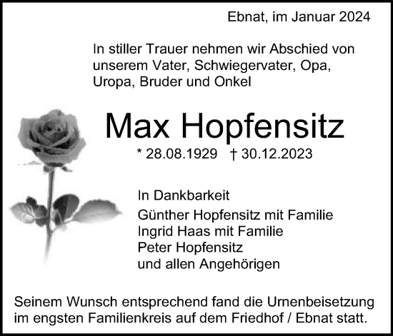 Traueranzeige von Max Hopfensitz von Schwäbische Post