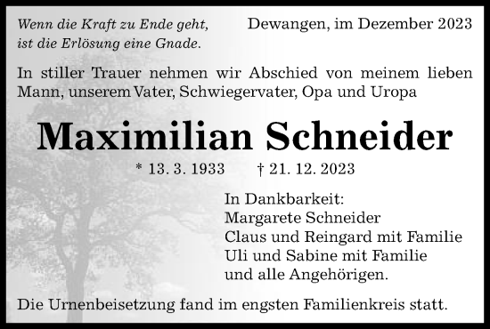 Traueranzeige von Maximilian Schneider von Schwäbische Post