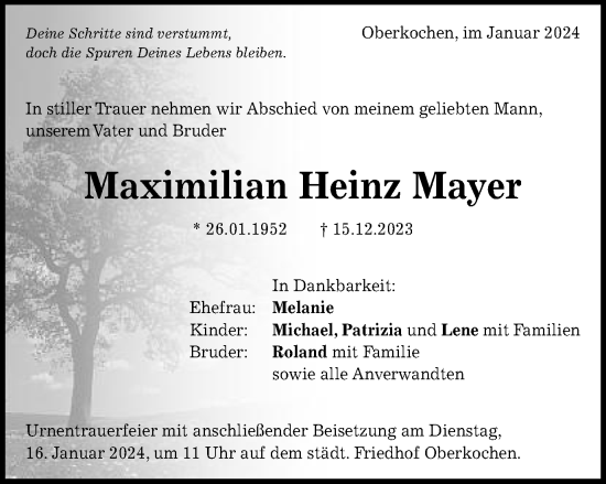 Traueranzeige von Maximilian Heinz Mayer von Schwäbische Post