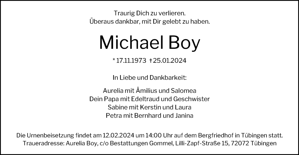  Traueranzeige für Michael Boy vom 31.01.2024 aus Schwäbische Post