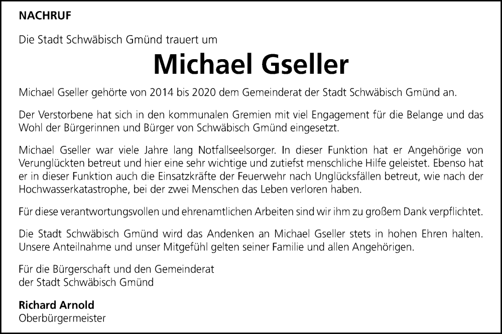  Traueranzeige für Michael Gseller vom 24.01.2024 aus Gmünder Tagespost