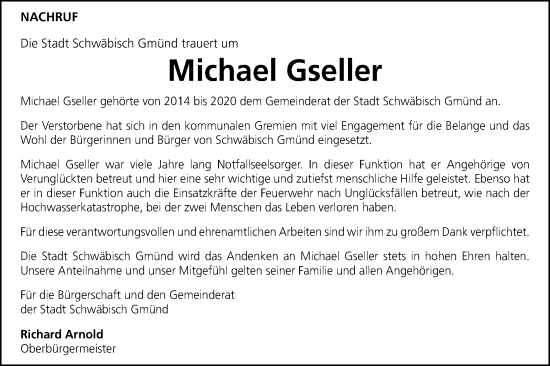 Traueranzeige von Michael Gseller