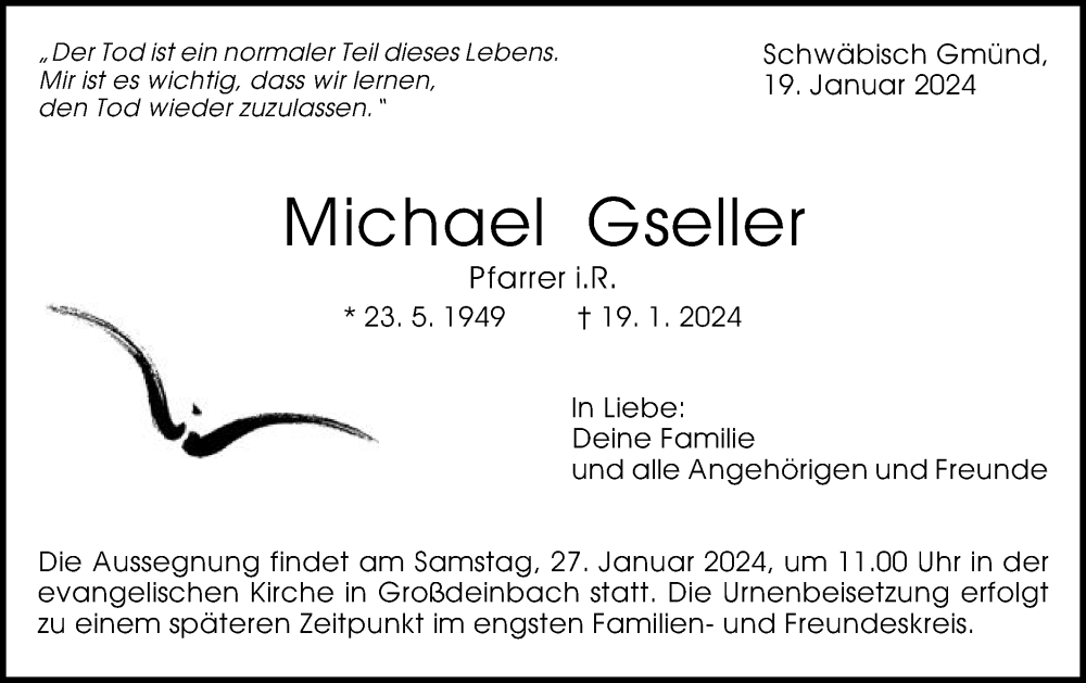  Traueranzeige für Michael Gseller vom 24.01.2024 aus Gmünder Tagespost