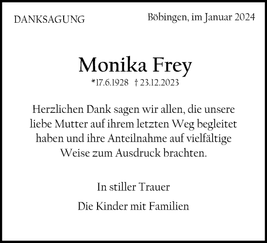 Traueranzeige von Monika Frey von Gmünder Tagespost