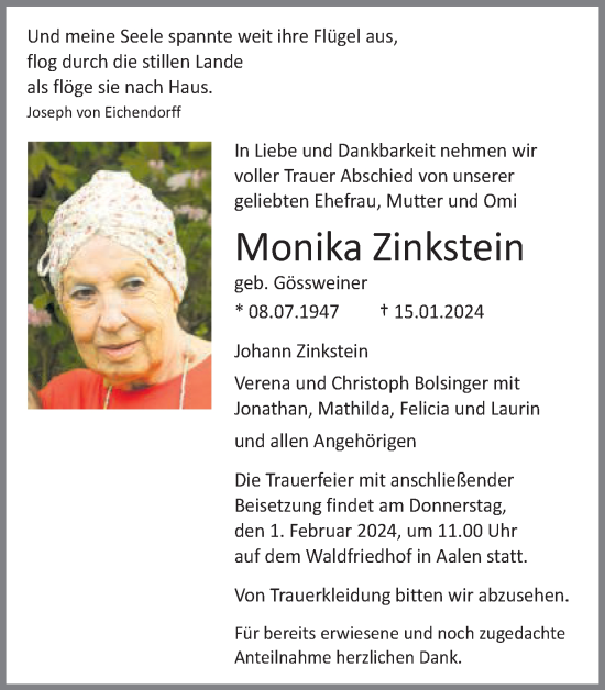 Traueranzeige von Monika Zinkstein von Schwäbische Post