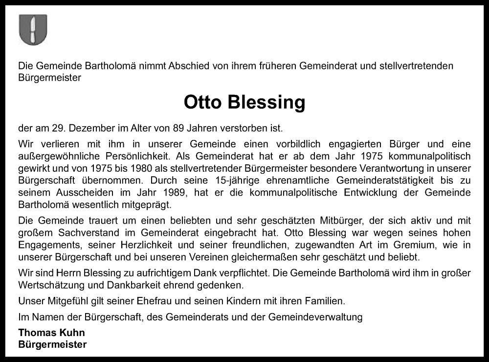  Traueranzeige für Otto Blessing vom 09.01.2024 aus Gmünder Tagespost