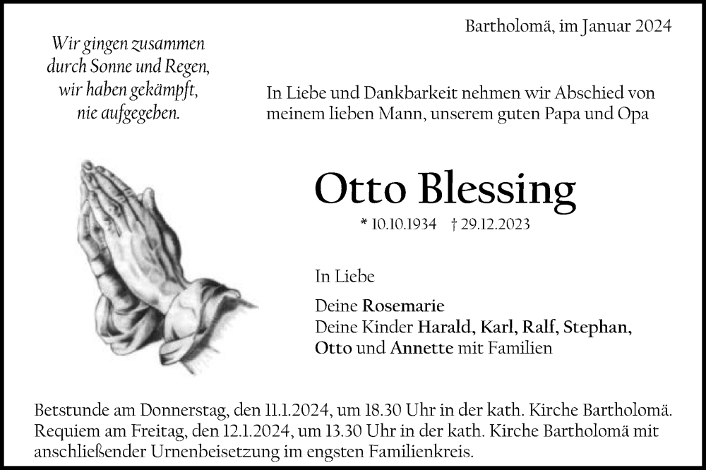  Traueranzeige für Otto Blessing vom 09.01.2024 aus Gmünder Tagespost