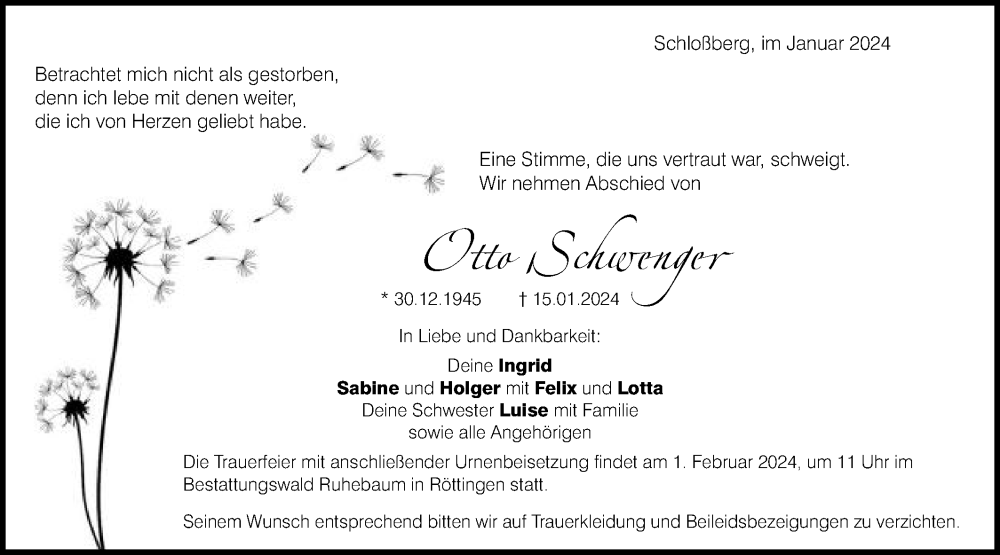  Traueranzeige für Otto Schwenger vom 20.01.2024 aus Schwäbische Post