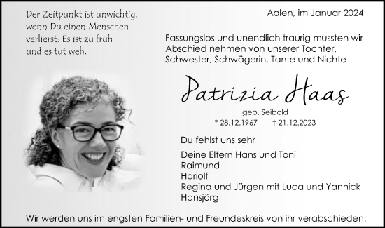Traueranzeige von Patrizia Haas von Schwäbische Post
