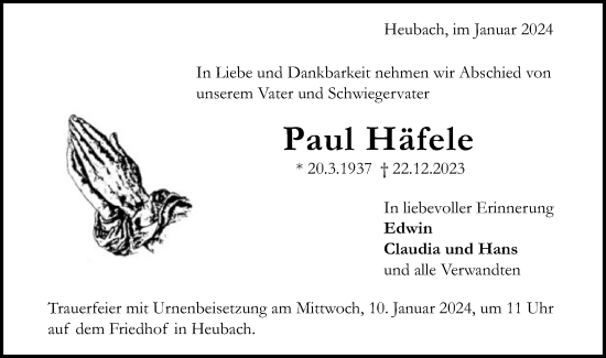 Traueranzeige von Paul Häfele von Gmünder Tagespost