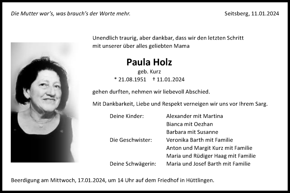  Traueranzeige für Paula Holz vom 13.01.2024 aus Schwäbische Post