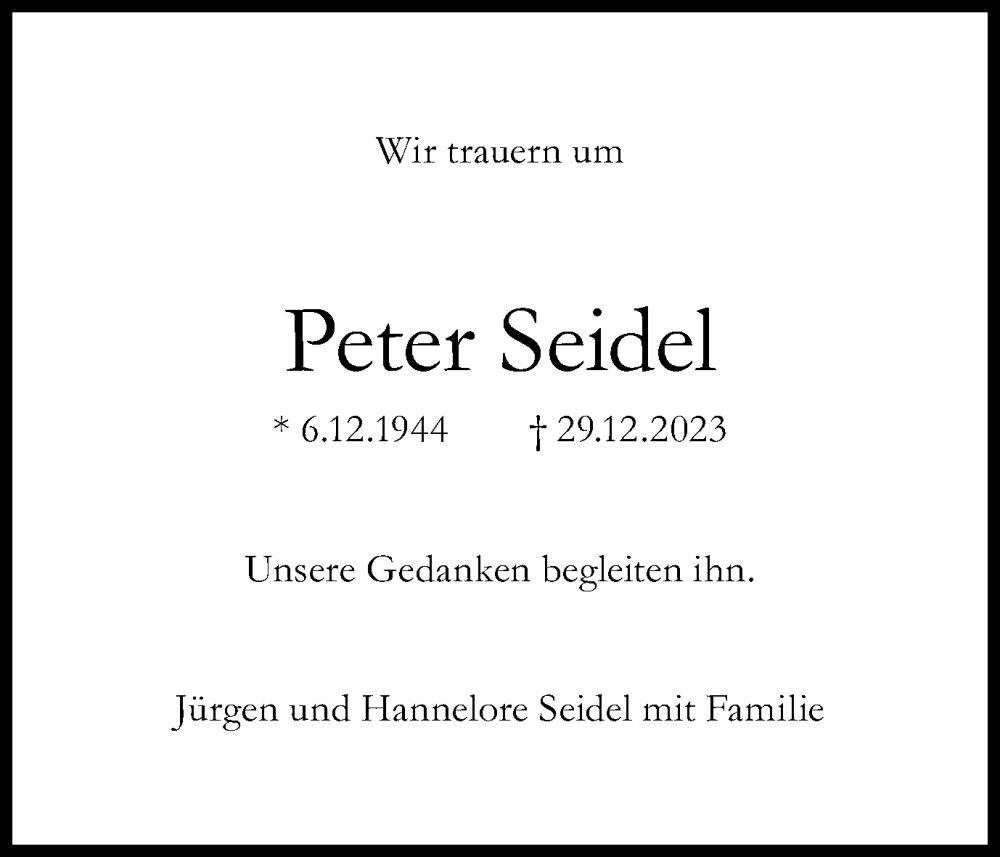  Traueranzeige für Peter Seidel vom 03.01.2024 aus Schwäbische Post
