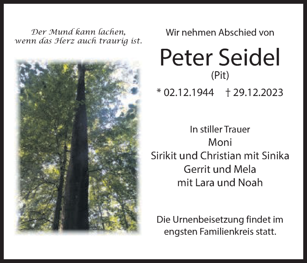  Traueranzeige für Peter Seidel vom 03.01.2024 aus Schwäbische Post