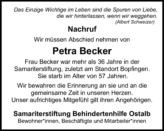 Traueranzeige von Petra Becker von Schwäbische Post