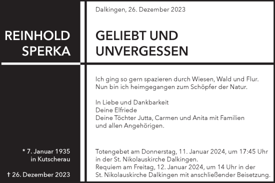 Traueranzeige von Reinhold Sperka von Schwäbische Post