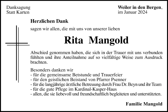 Traueranzeige von Rita Mangold von Gmünder Tagespost