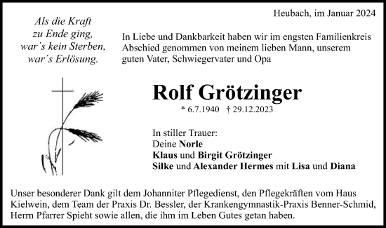Traueranzeige von Rolf Grötzinger von Gmünder Tagespost