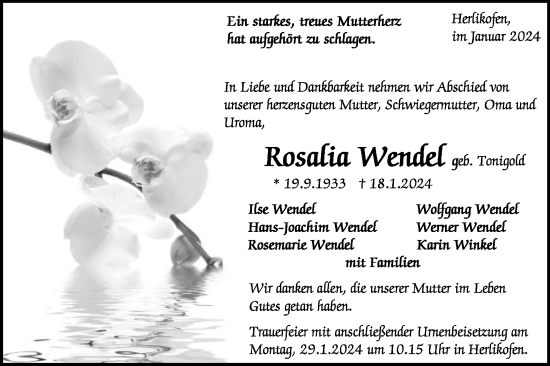 Traueranzeige von Rosalia Wendel