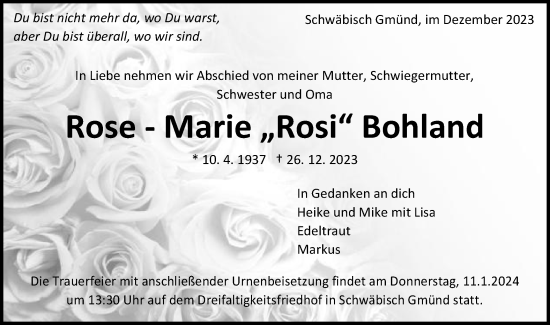 Traueranzeige von Rose-Marie Bohland von Gmünder Tagespost