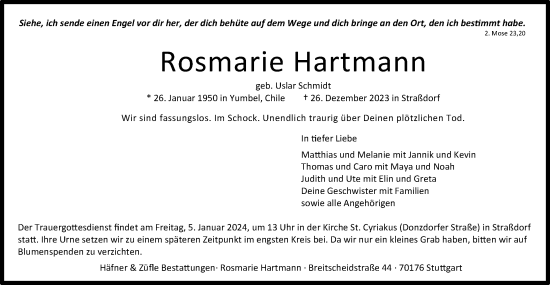 Traueranzeige von Rosemarie Hartmann von Gmünder Tagespost