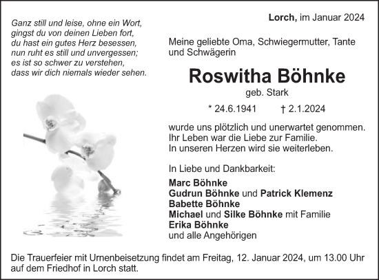 Traueranzeige von Roswitha Böhnke von Gmünder Tagespost