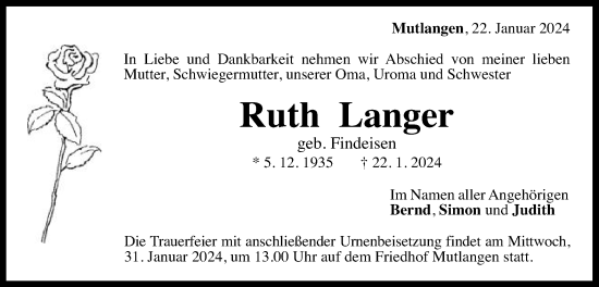 Traueranzeige von Ruth Langer von Gmünder Tagespost