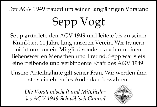 Traueranzeige von Sepp Vogt von Gmünder Tagespost