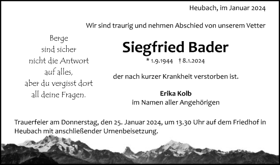 Traueranzeige von Siegfried Bader von Gmünder Tagespost