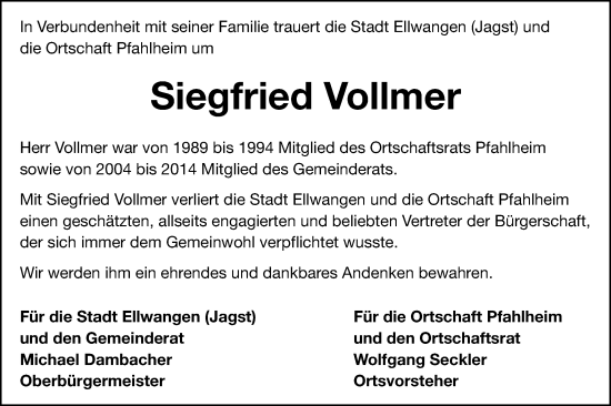 Traueranzeige von Siegfried Vollmer von Schwäbische Post