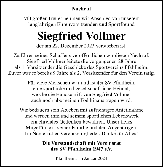 Traueranzeige von Siegfried Vollmer von Schwäbische Post