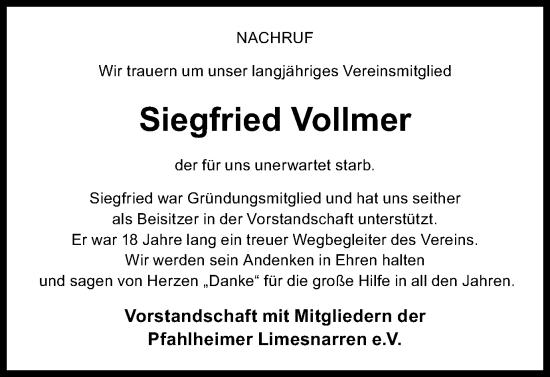Traueranzeige von Siegfried Vollmer von Schwäbische Post