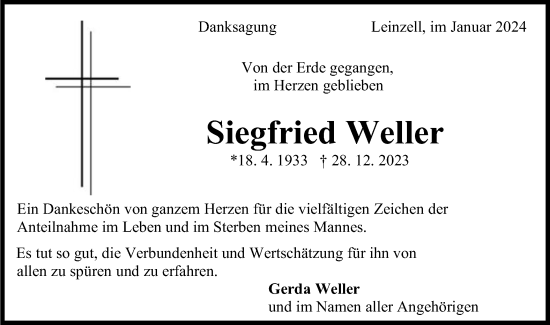 Traueranzeige von Siegfried Weller