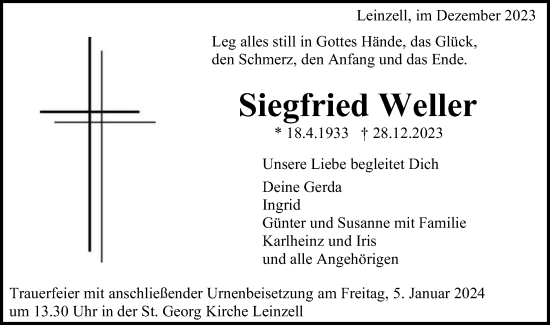Traueranzeige von Siegfried Weller von Gmünder Tagespost