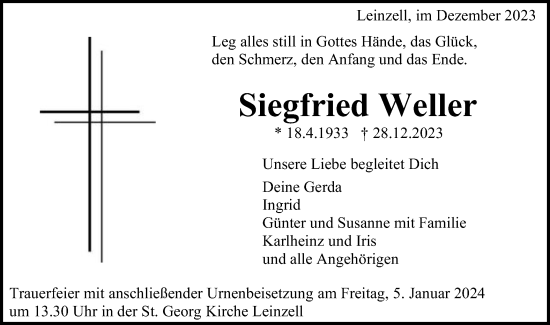 Traueranzeige von Siegfried Weller