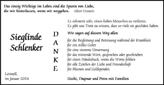 Traueranzeige von Sieglinde Schlenker von Gmünder Tagespost