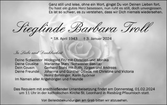 Traueranzeige von Sieglinde Barbara Troll von Schwäbische Post