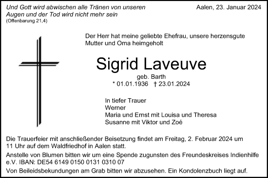 Traueranzeige von Sigrid Laveuve von Schwäbische Post