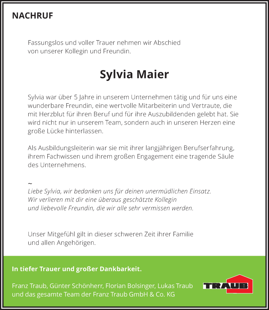  Traueranzeige für Sylvia Maier vom 20.01.2024 aus Schwäbische Post