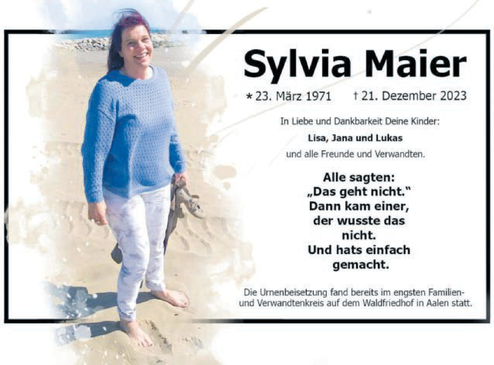  Traueranzeige für Sylvia Maier vom 20.01.2024 aus Schwäbische Post